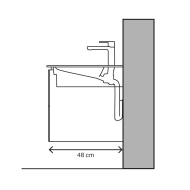 Praustuvo forma su 48 cm iškyša ir horizontaliuoju vandens išleidimo įtaisu Praustuvo forma su 48 cm iškyša ir horizontaliuoju vandens išleidimo įtaisu