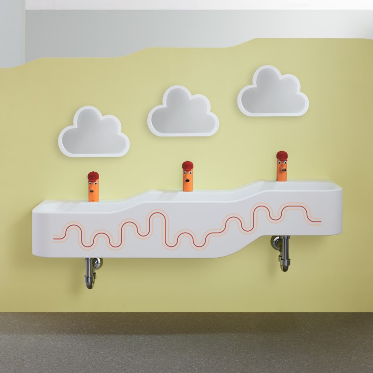 Geberit Bambini karmino raudonos ir oranžinės spalvų prausimosi erdvė Geberit Bambini karmino raudonos ir oranžinės spalvų prausimosi erdvė