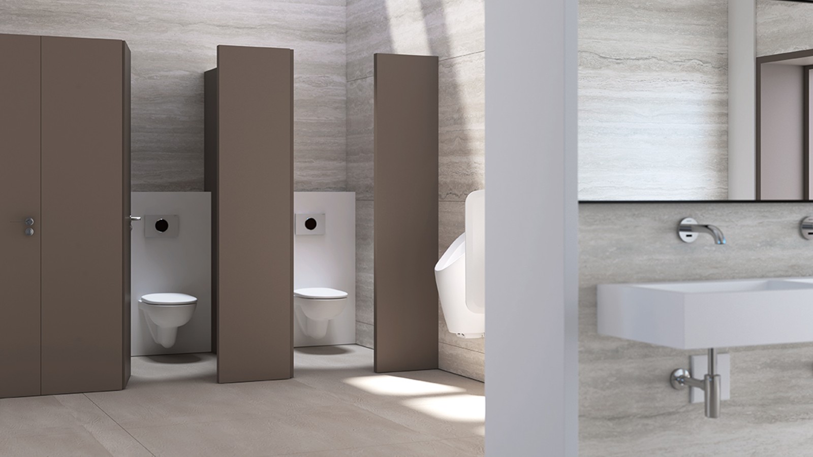 Viešasis tualetas su Geberit bakeliais, vandens nuleidimo mygtukais ir pisuarais