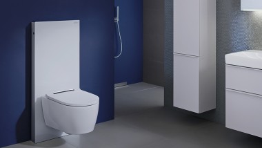 Vonios kambarys su Geberit Monolith baltos spalvos sanitariniu moduliu