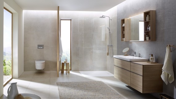iCon serijos vonios kambario produktai su betono rašto Sigma50 mygtukų plokšte