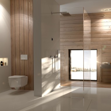 Geberit vonios kambarys su medienos plokštėmis