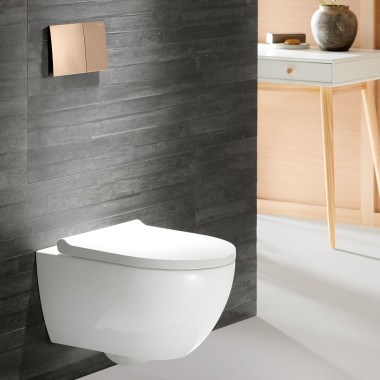 WC puodas Geberit Acanto su rožinio aukso spalvos vandens nuleidimo mygtuku Sigma70 WC puodas Geberit Acanto su rožinio aukso spalvos vandens nuleidimo mygtuku Sigma70
