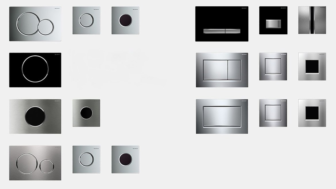 Skirtingų serijų Geberit vandens nuleidimo mygtukų plokščių dizaino apžvalga