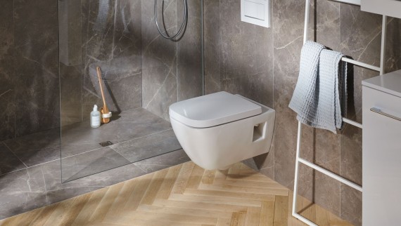 Geberit Selnova Square WC ir Geberit dušo grindų sifonas Geberit Selnova Square WC ir Geberit dušo grindų sifonas