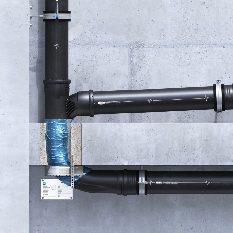 Geberit Silent-Pro SuperTube: Lay-on installation of the fire protection sleeve in a U-shape Geberit Silent-Pro SuperTube: Lay-on installation of the fire protection sleeve in a U-shape