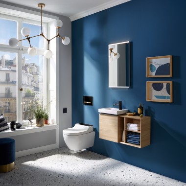 Geberit AquaClean Tuma WC puodas su apiplovimo funkcija, esantis Geberit iCon vonios kambaryje Geberit AquaClean Tuma WC puodas su apiplovimo funkcija, esantis Geberit iCon vonios kambaryje