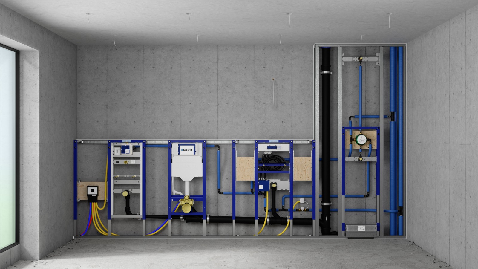 Montavimo siena su Geberit Duofix elementais pisuarui, WC puodui, praustuvui ir dušui