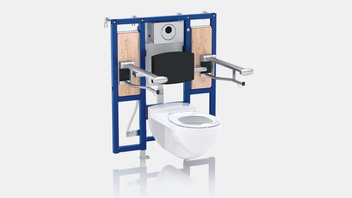 Prie sienos tvirtinamo WC puodo neįgaliųjų poreikiams pritaikytas Geberit Duofix specialusis elementas