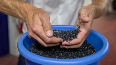 Rankos, laikančios juodas plastiko granules (© Ben Huggler)