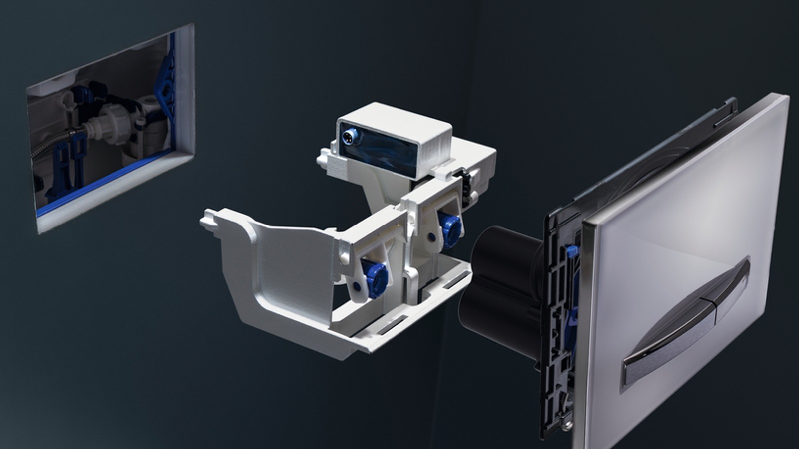 Geberit reguliaraus vandens nuleidimo mechanizmą galima lengvai sumontuoti bet kuriame 12 cm pločio Geberit Sigma potinkiniame bakelyje