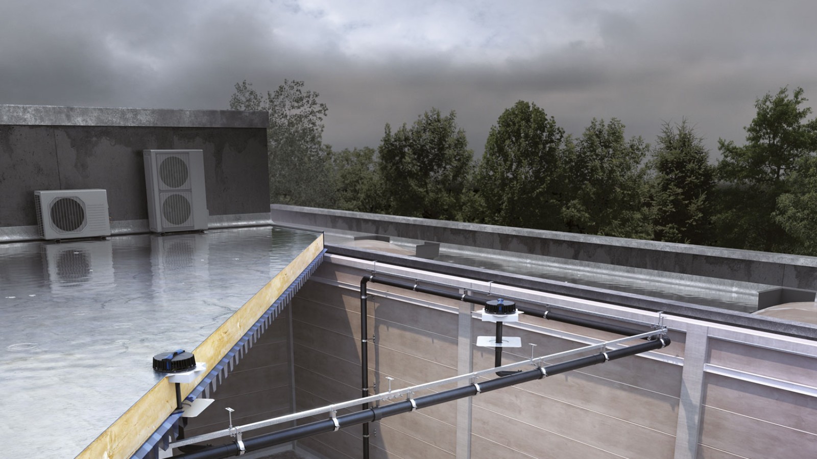 Su Pluvia stogo lietaus nuotekų šalinimo sistema, nuo visų trijų bokštų galima surinkti ir nuleisti lietaus vandenį, naudojant santykinai mažai medžiagų. © Geberit Su Pluvia stogo lietaus nuotekų šalinimo sistema, nuo visų trijų bokštų galima surinkti ir nuleisti lietaus vandenį, naudojant santykinai mažai medžiagų. © Geberit