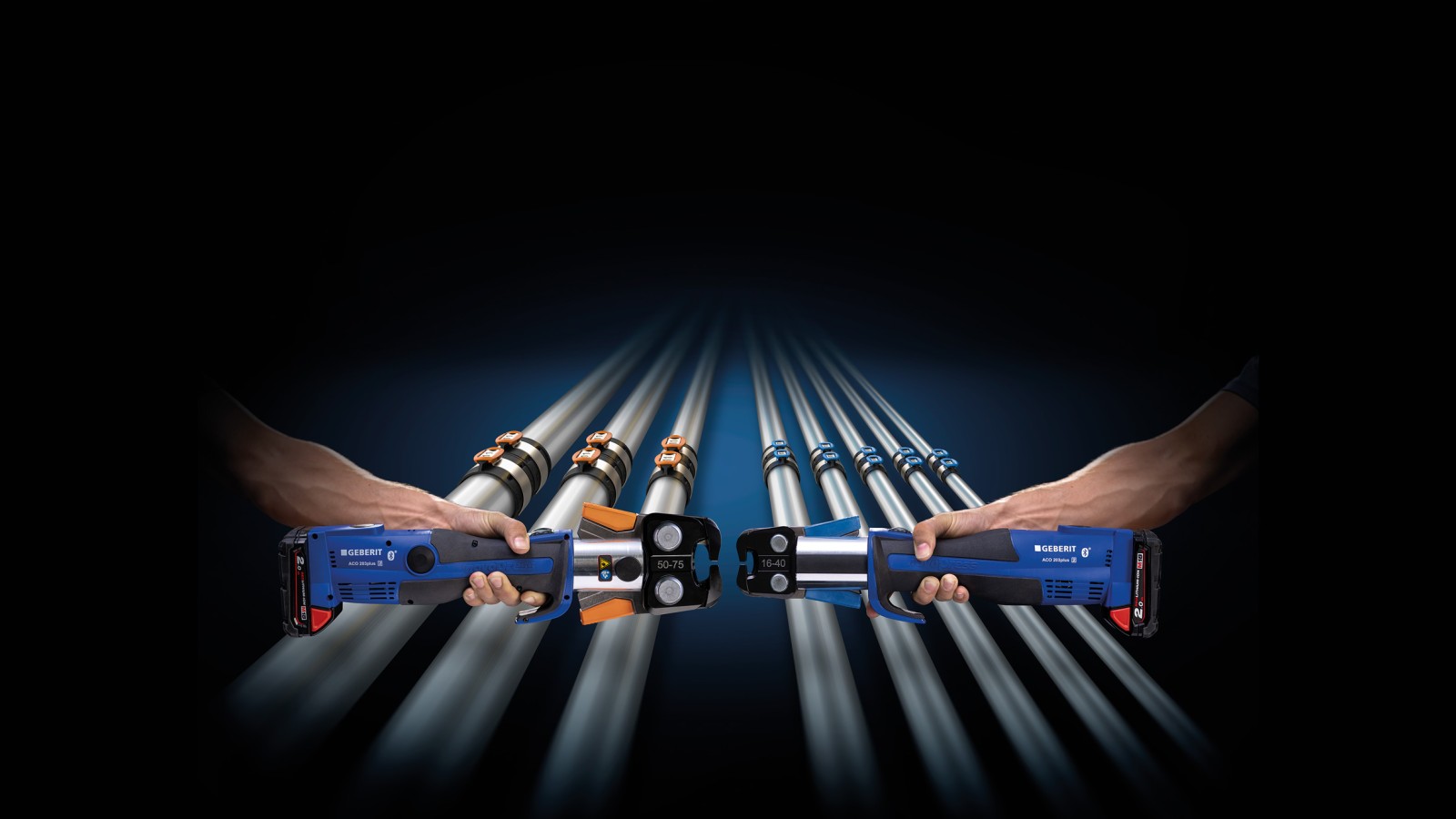 Colour-coded matching of the pressing jaw to the dimensions of the Geberit FlowFit fittings