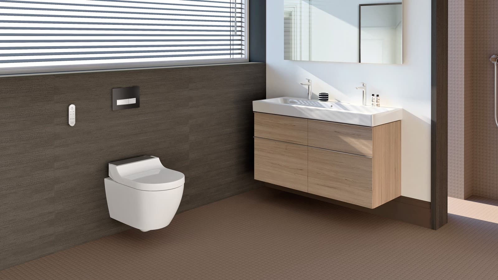 Vonios kambarys su AquaClean Tuma WC puodu su apiplovimo funkcija Vonios kambarys su AquaClean Tuma WC puodu su apiplovimo funkcija