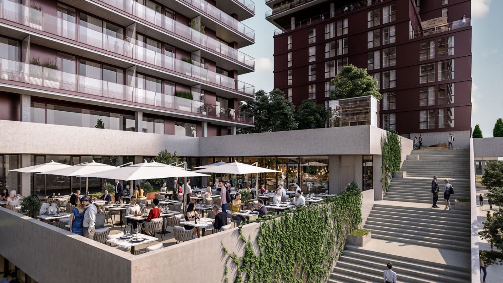 Klientams siūloma apsilankyti ant išsikišusių stogo terasų ir pasimėgauti kulinariniais šedevrais. © Soravia Klientams siūloma apsilankyti ant išsikišusių stogo terasų ir pasimėgauti kulinariniais šedevrais. © Soravia